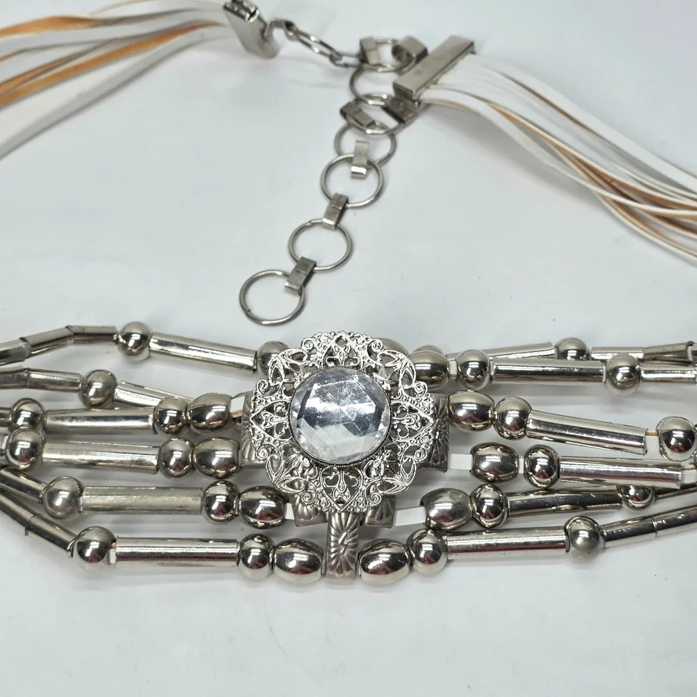 Vintage Chain Belt Rhinestone Beaded Studded Silver White Western Bling Festival
